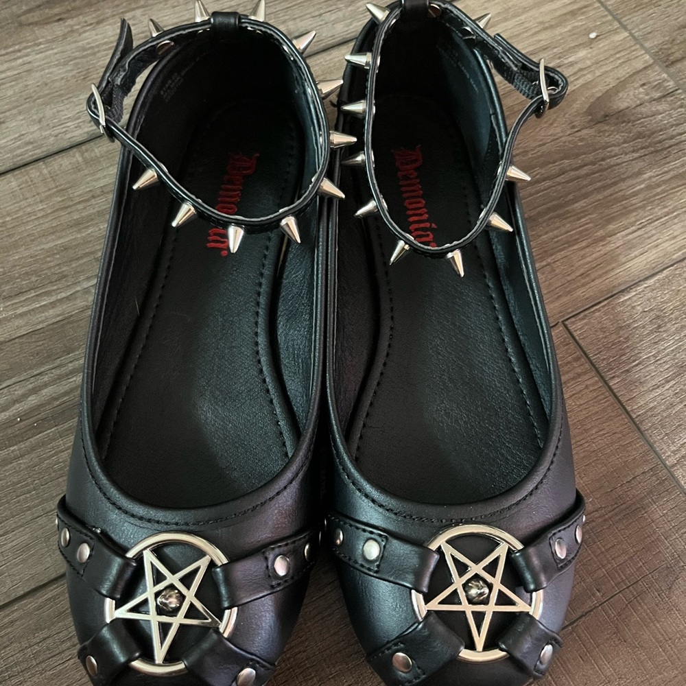 Demonia Black Spiked Flats with Silver Accents